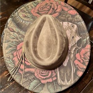 Hand-Painted Wide Brim - cow skull